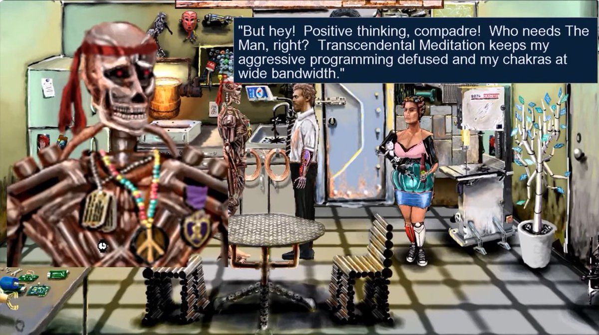 Keep your military-installed urge to kill under control with artificial deep-breathing exercises! And don't forget your license-to-self-replicate or your cyberling children might be confiscated! Sentient machine life is rough! store.steampowered.com/app/673850/Neo… #cyberpunk #adventuregames