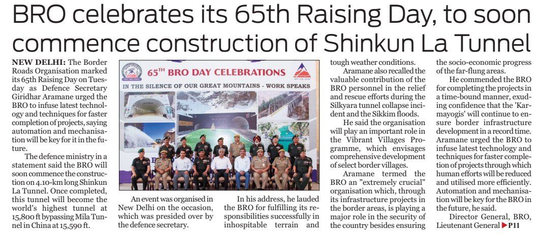 #BRO celebrates its 65th #Raising Day, to #soon commence construction of #ShinkunLa Tunnel

@BROindia