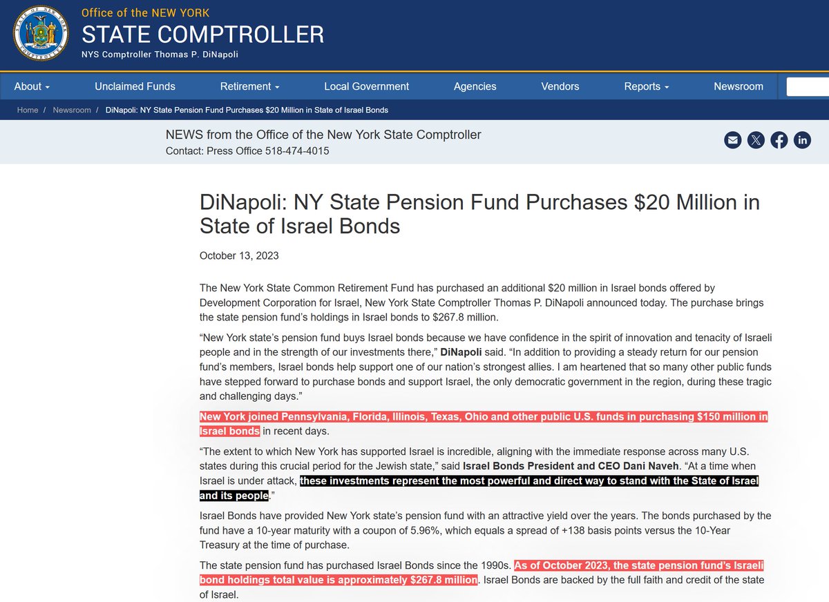 In October, New York state's pension fund bought an additional $20 million in Israel bonds, to support Israel while it launched its genocide. (It holds $267.8 million in total.) Funds in Pennsylvania, Florida, Illinois, Texas, Ohio bought $150 million in Israel bonds in October.…