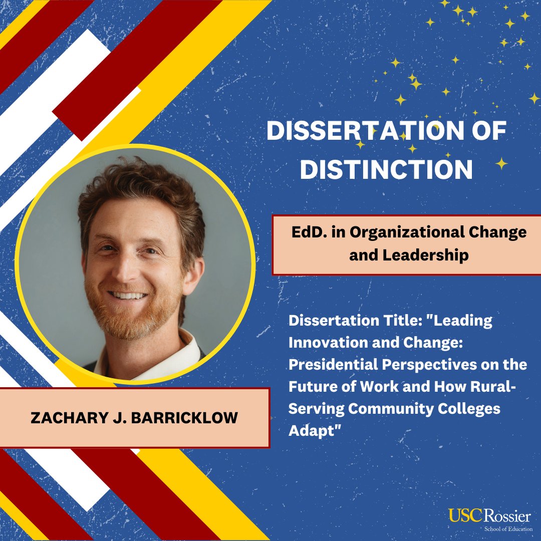 Join us in celebrating Zachary J. Barricklow for his dissertation. He is among the select group of graduates honored with a Dissertation of Distinction award this year. Well done! #USCGrad #USCRossierGrad