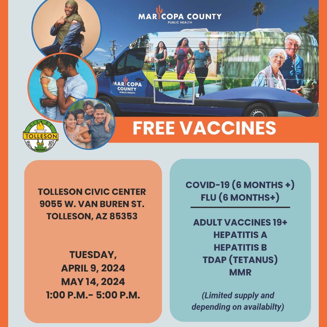 🚨 FREE Vaccination Event ! 🚨 Maricopa County Public Health is here for you. Join us at Tolleson Civic Center onMay 14 from 1-5 PM. COVID, Flu, & more available! No insurance? No worries! Details 👉 602-506-6767 or visit: tolleson.az.gov #VaccineForAll #PublicHealth