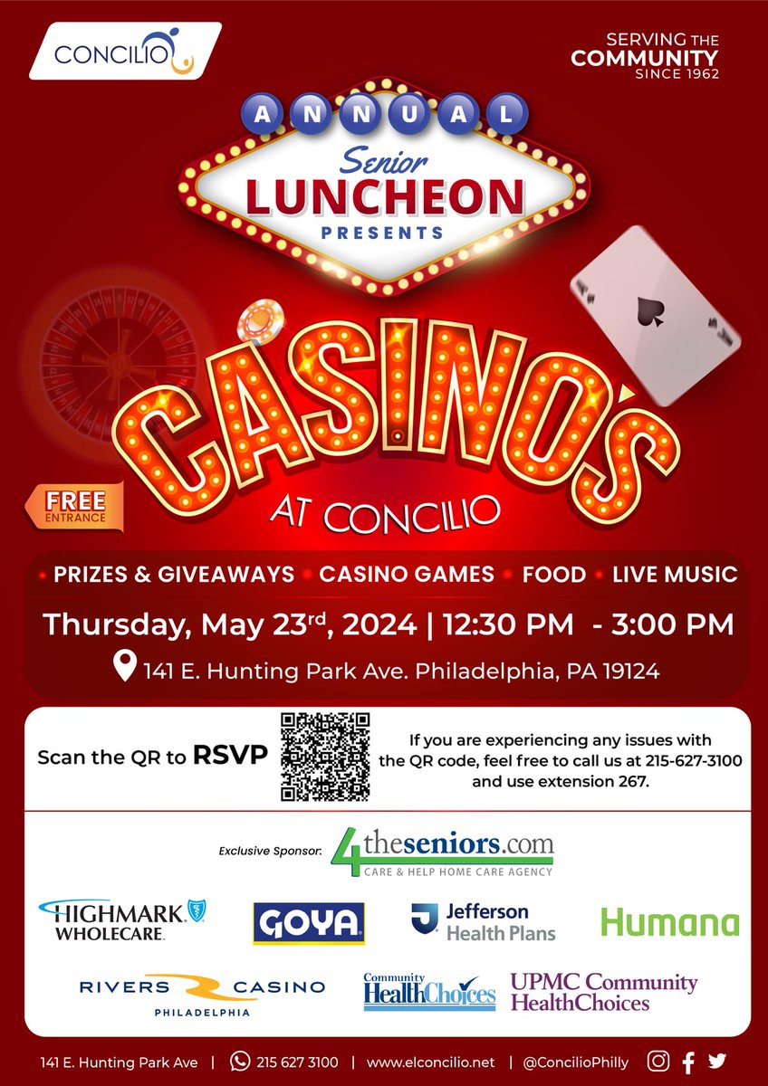 Don’t miss out on one of our favorite events of the year. Concilio’s Senior Luncheon is back and exclusively aimed at seniors 50+. scan QR code to RSVP.
We can’t wait to see you there! #freevent