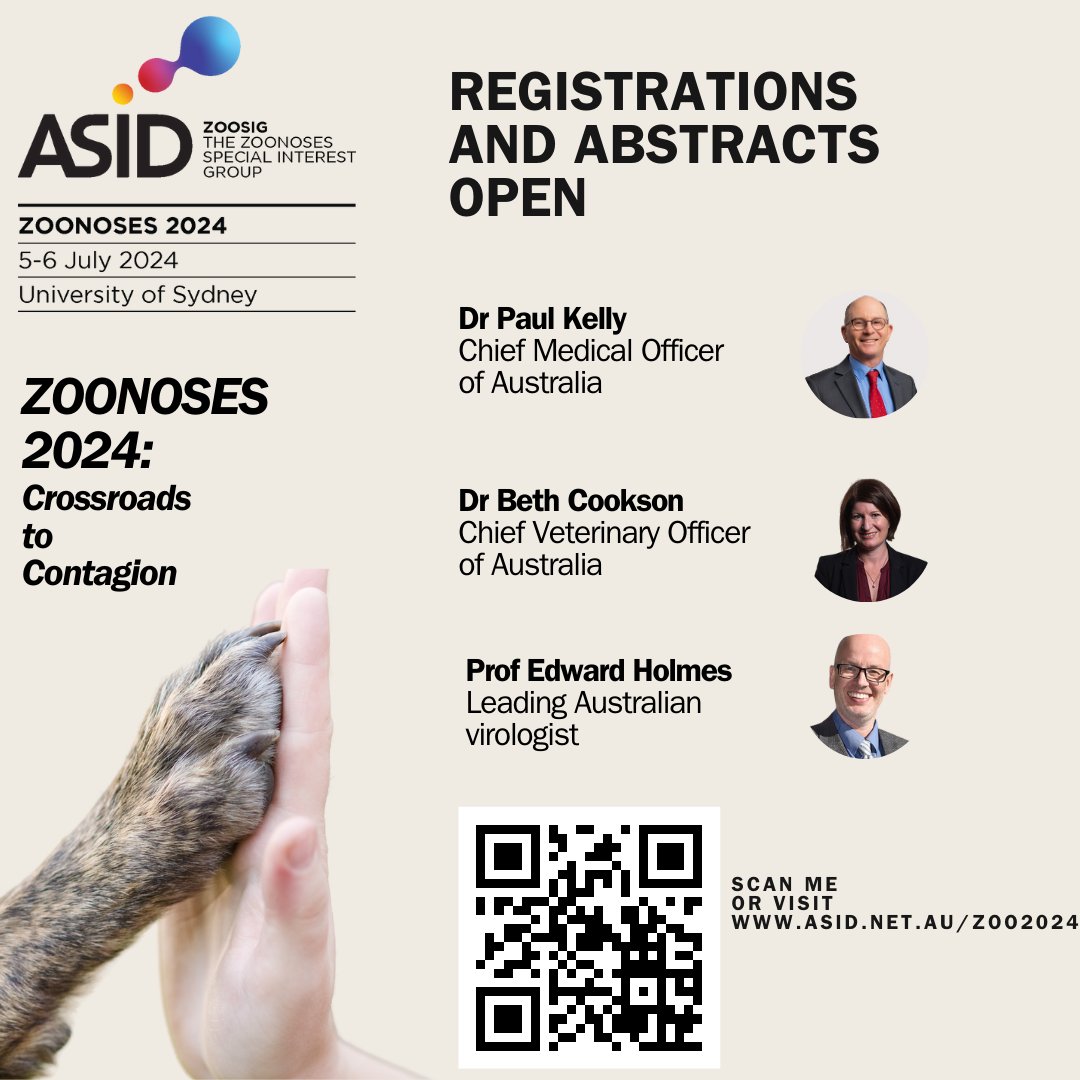 #Zoonoses are one of the greatest threats to human and animal health. Please join us in Sydney for the 2024 #ASID #Zoonoses conference hosted by #ZooSIG, 5-6 July, featuring our Chief Medical Officer and Chief Veterinary Office, and leading virologist Prof Edward Holmes