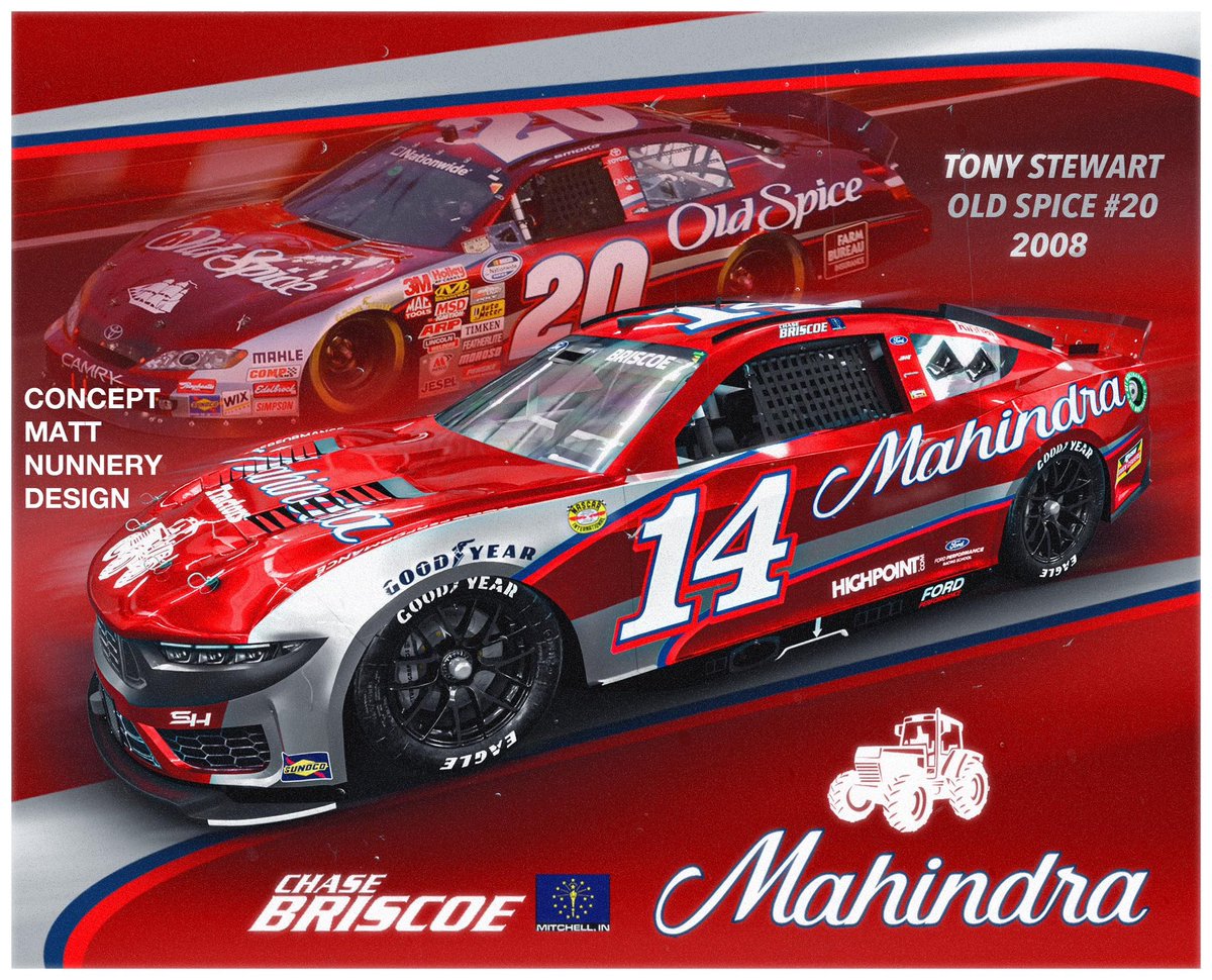 The #NASCARThrowback season is always my favorite! Here’s my take on a Briscoe scheme based on Tony Stewart’s 2008 Old Spice car.

@ChaseBriscoe_14 @StewartHaasRcng @MahindraRise