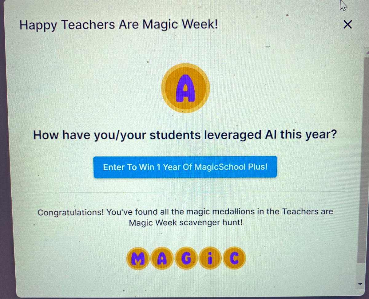 Ok @magicschoolai this was FUN! What a great way to explore the site and 5 chances for giveaways. Thank you! #teachersaremagicweek