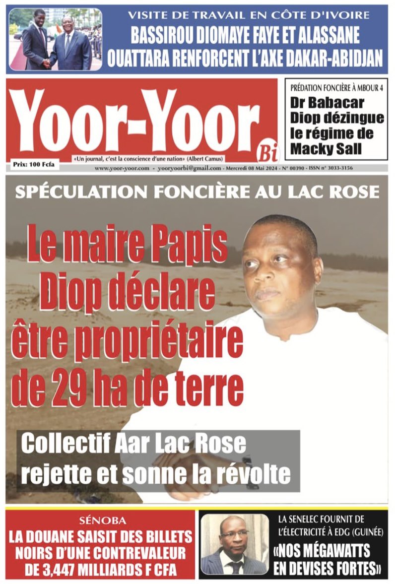 La Une de Yoor-Yoor Bi de ce mercredi 08 mai 2024. Bonne lecture! #Bou_Baax_Bi #Yoor_Yoor_Bi