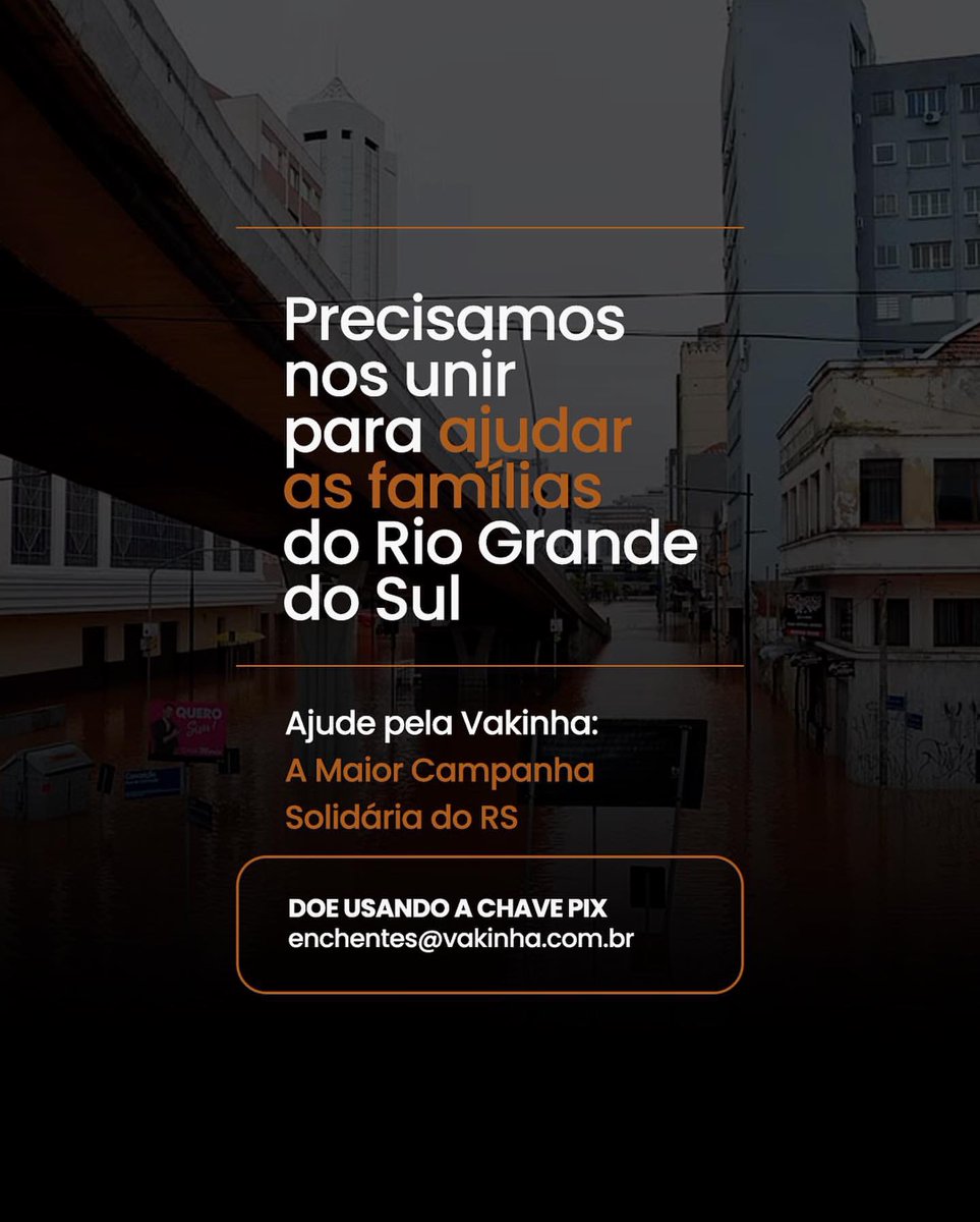🚨As chuvas q caem há dias no Rio Grande do Sul deixaram um rastro de destruição, mortes, desalojados, entre outros problemas graves. Precisamos nos unir para ajudar as famílias do RS. Ajude pela Vakinha e doe usando a chave Pix: enchentes@vakinha.com.br