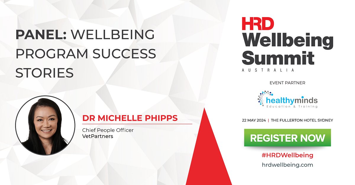 Join @VetPartners_ANZ’s Dr Michelle Phipps for the 'Wellbeing program success stories' panel discussion at the #HRDWellbeing Summit AU 2024 on May 22 at The Fullerton Hotel Sydney! 

Secure your tickets: hubs.la/Q02wkfz90

#WorkplaceWellbeing #EmployeeEngagement
