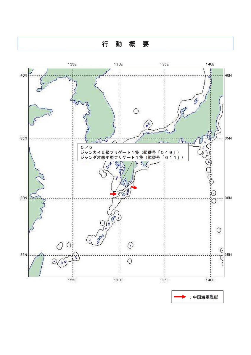 ５／５、中国海軍ジャンカイⅡ級フリゲート１隻及びジャンダオ級小型フリゲート１隻の計２隻が、大隅海峡を東進し、太平洋へ向けて航行したことを確認しました。防衛省・自衛隊は、引き続き警戒監視・情報収集を実施します。