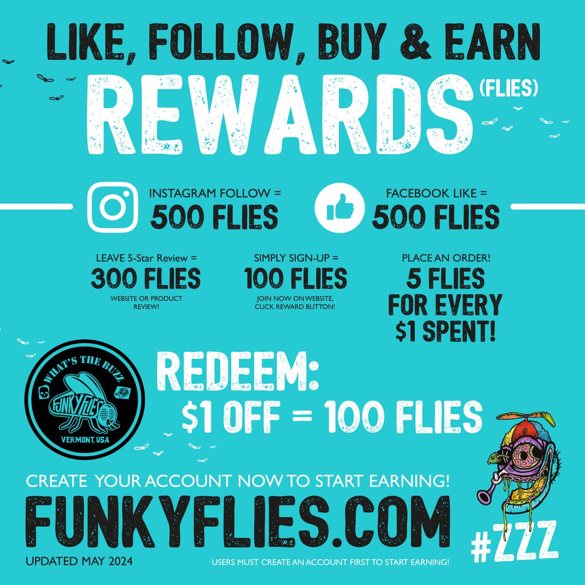 🎉 Introducing the Funky Flies Reward Program! 🎉 Hey Funky Flies Fam! We're thrilled to launch our brand new website Reward Program, designed just for YOU! 🚀 Ways to Earn FLIES: 1️⃣ Follow us on Instagram 2️⃣ Like us on Facebook 3️⃣ Leave a review on our website 4️⃣ Make a