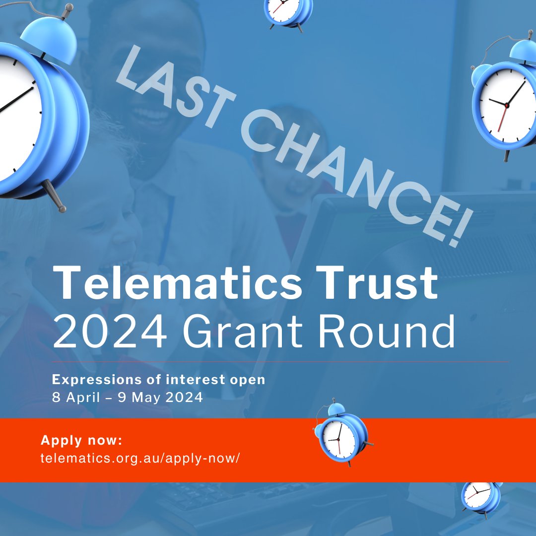 Tomorrow is the final day to submit your expression of interest for the Telematics Trust Grant Round! Whether you're passionate about education, training, or community development, your project could make a significant impact with our support. Apply now at telematics.org.au/apply-now/