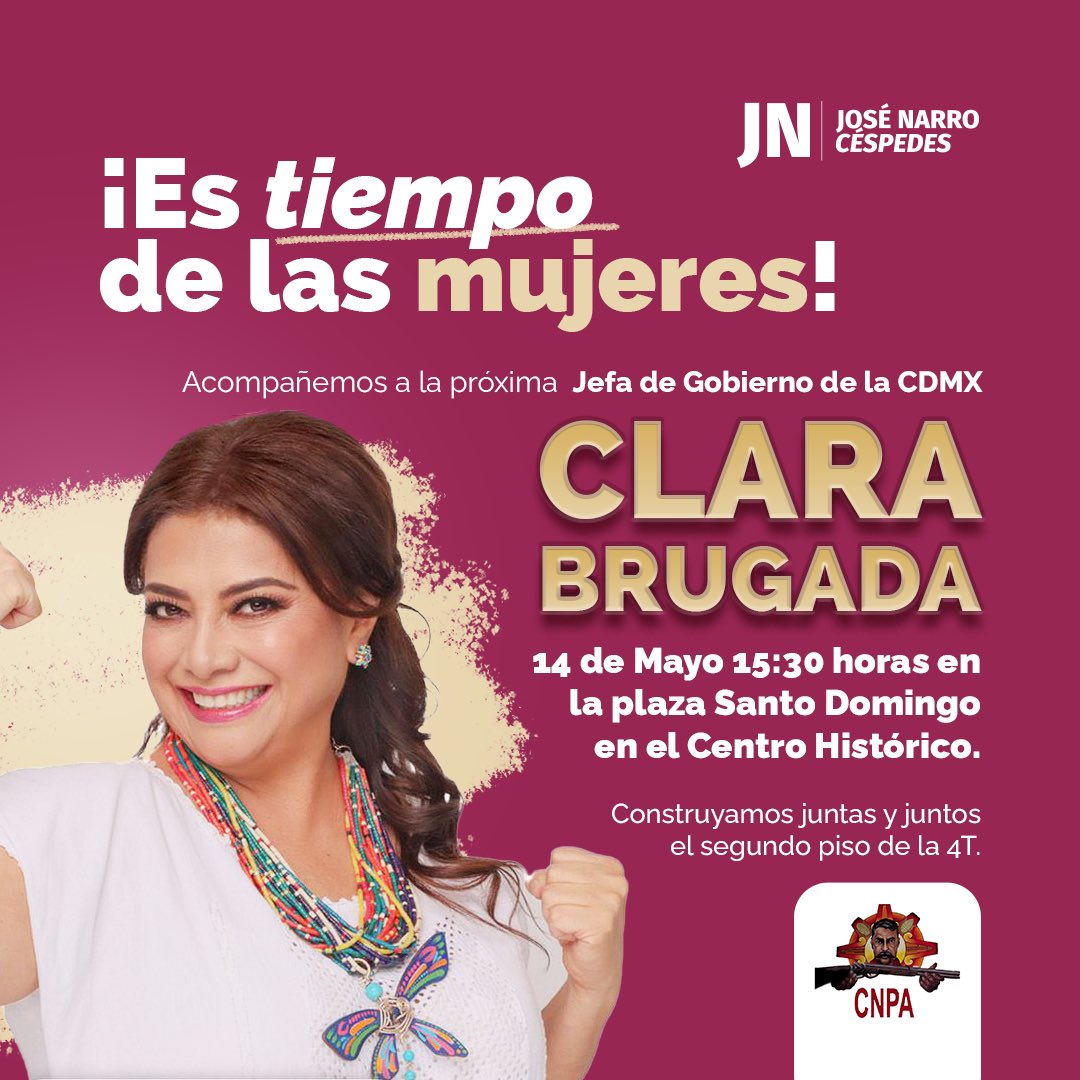📍 Este 14 de Mayo en la plaza Santo Domingo, acompañaremos a la próxima jefa de gobierno de la #CDMX, @ClaraBrugadaM. ¡Construyamos juntos y juntas una ciudad de derechos! ¡Te esperamos!
