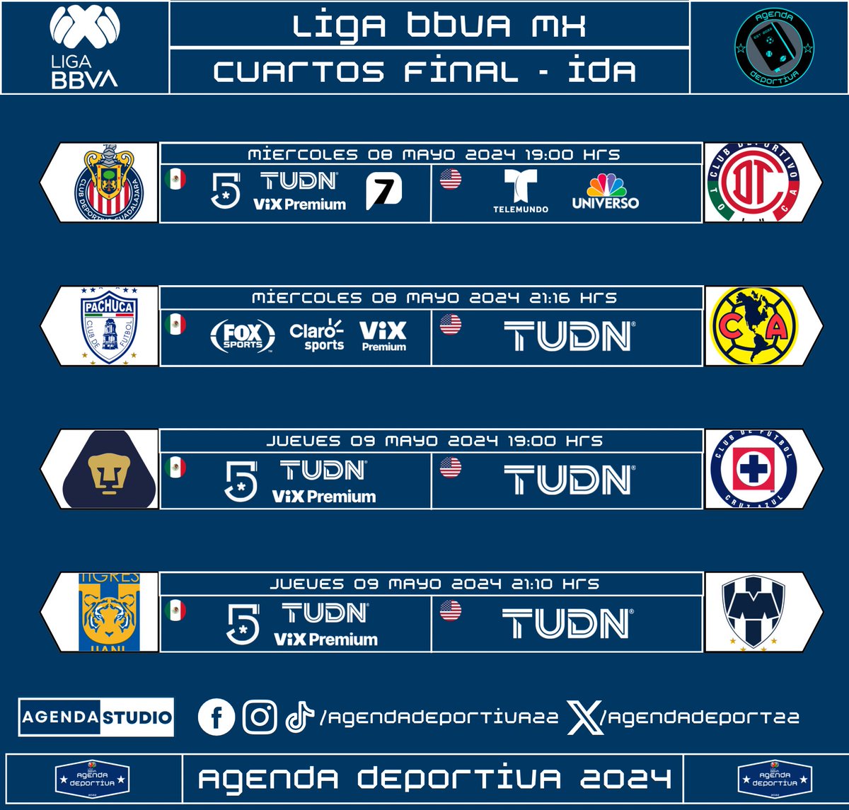 Liga BBVA Mx
Cuartos de Final - Ida
Transmisión: México y USA
⚠️Programación Sujeta a Cambios⚠️
#LigaBBVAMX 
#Liguilla
#AgendaDeportiva
