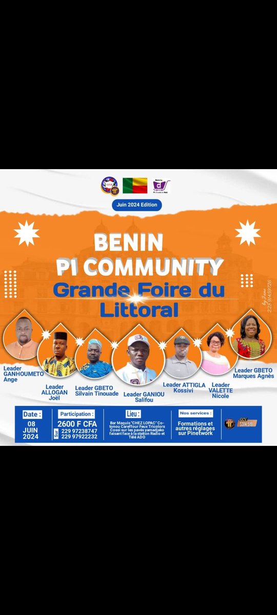 GOOD NEWS FOR HOLDERS OF PI COINS IN BENIN.  A major Training and Commercial Walk by accepting Pi as a means of payment at GCV 1π=314159$ is being organized on June 8 in Cotonou in the Littoral department 🇧🇯 Long live the revolutionary Pi Network project and the Pi Core team.