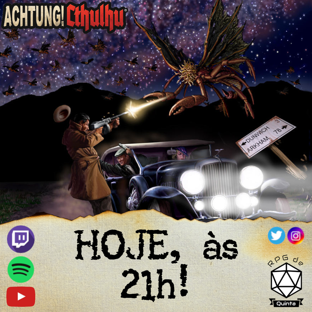 HOJE, às 21h, teremos +1 episódio do nosso #RPGdeMesa Lovecraftiano!
#SavageWorlds #AchtungCthulhu #CallOfCthulhu #CthulhuMythos