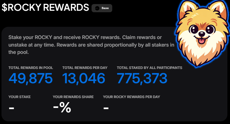 Welcome to ROCKY Rewards! A quick 3 day staking test (and yes you're all going crazy already) 😂 50,000 ROCKY paid out over 3 days equally amongst Staking wallets. Go stake your $ROCKY ! shorturl.at/oBFR2