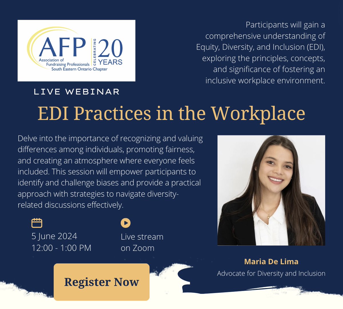 AFP SouthEastOntario (@afp_seo) on Twitter photo Join <a href="/AFP_SEO/">AFP SouthEastOntario</a> on June 5 for an informative (and complimentary) one-hour live webinar with Maria De Lima to learn more about Equity, Diversity and Inclusion Practices in the workplace. Registration is now open: community.afpglobal.org/afponsoutheast… Join <a href="/AFP_SEO/">AFP SouthEastOntario</a> on June 5 for an informative (and complimentary) one-hour live webinar with Maria De Lima to learn more about Equity, Diversity and Inclusion Practices in the workplace. Registration is now open: community.afpglobal.org/afponsoutheast…