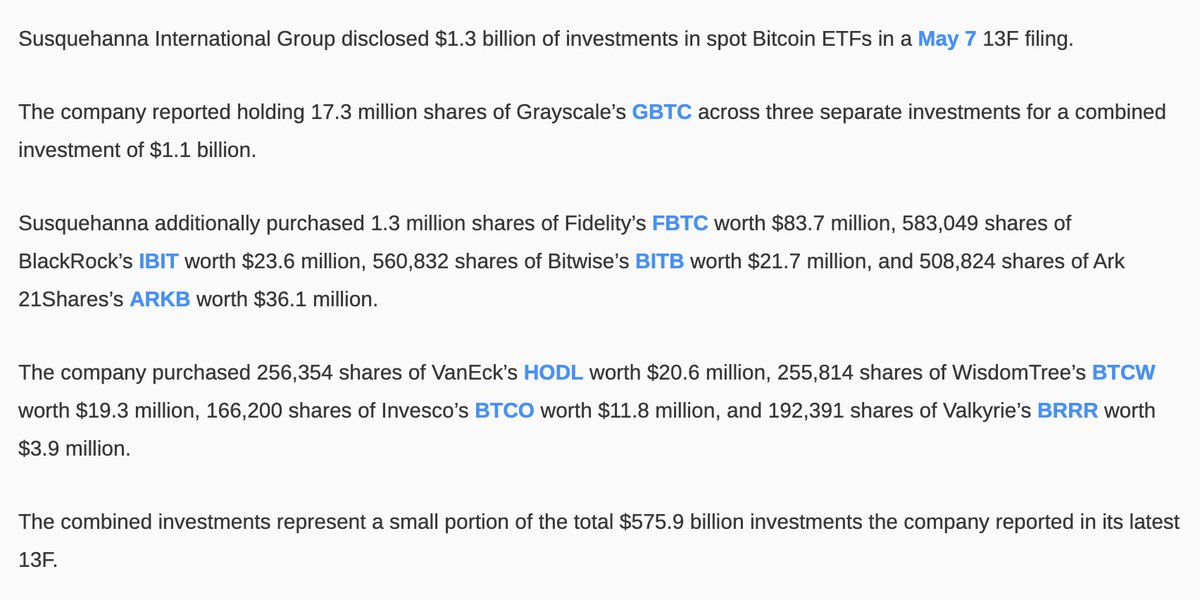 🚨 Susquehanna has disclosed holdings of $1.3B of spot #Bitcoin ETFs out of their total $575.9B of investments, meaning they have only allocated ~0.22% of their portfolio to $BTC so far.