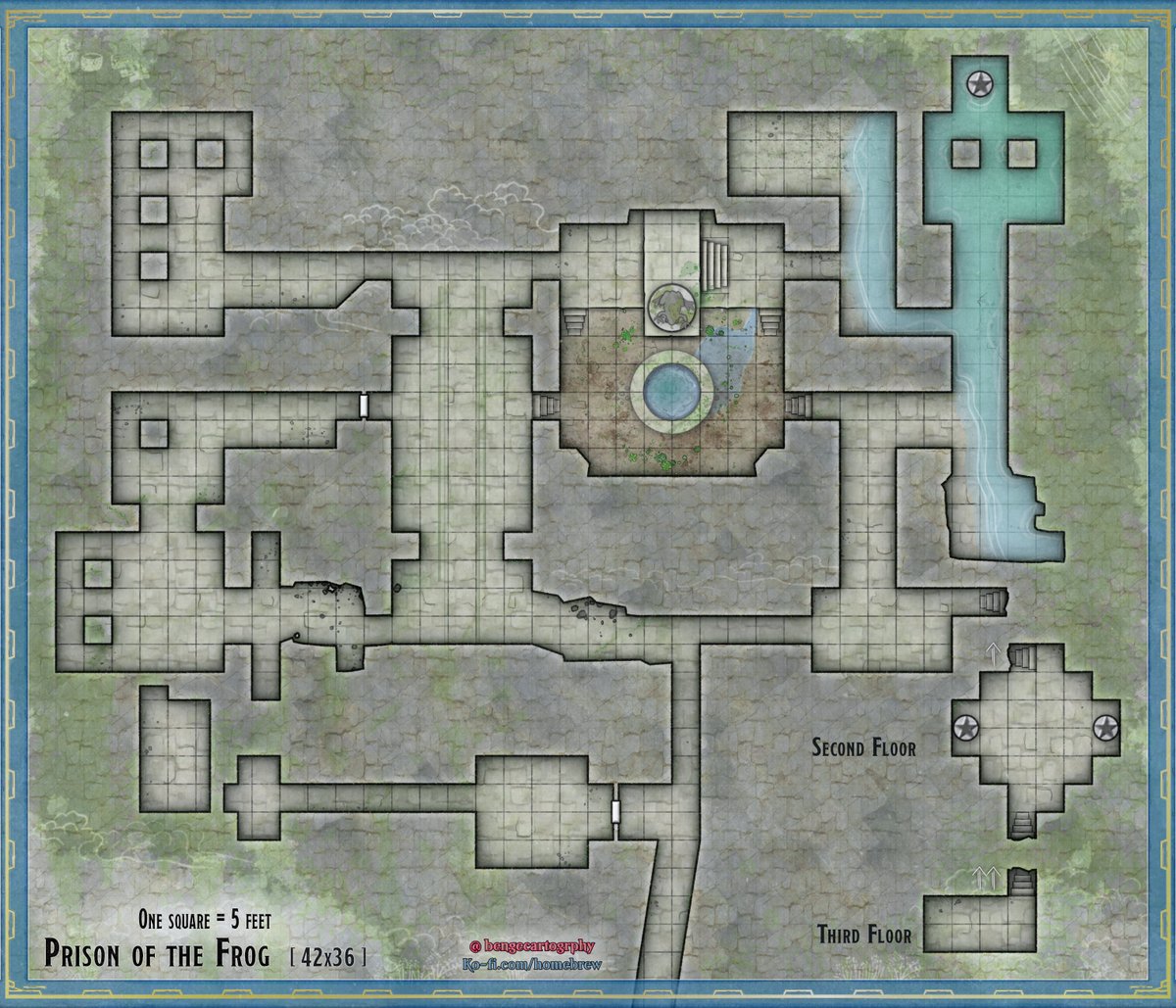 Prison of the Frog [ 42x36 ] 

for free use in your favorite VTT this was a fun one you can find the version without a grid on my Ko-Fi for free.

You could decide to close off the lower passageway and have your players descend from a hole in the upper room

#dnd #ttrpgs