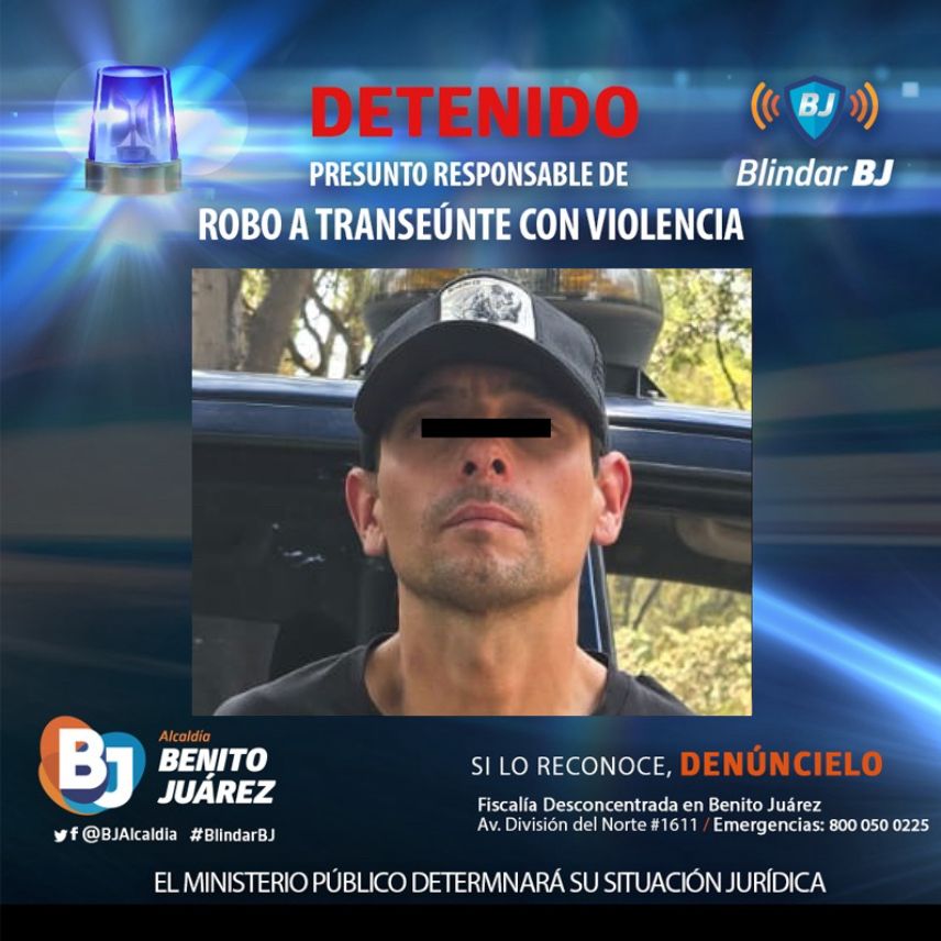 🚨El Equipo de Proximidad #BlindarBJ detuvo a un sujeto por robo a transeúnte con violencia en Avenida Universidad, Narvarte Poniente.🚔