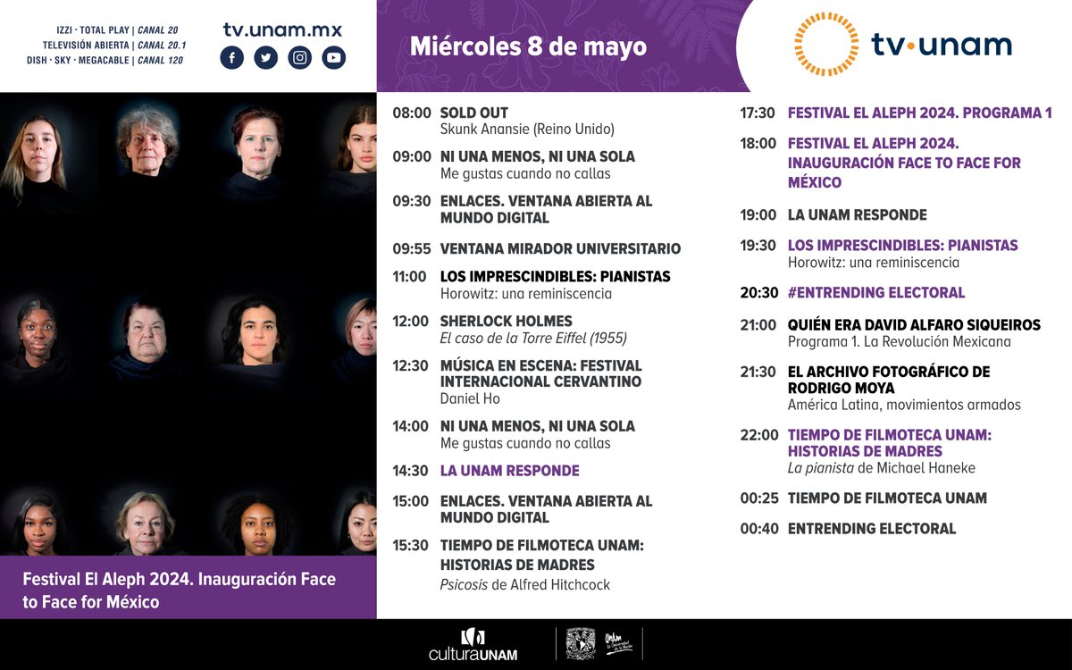 😍Nuestra programación te hará pasar un #felizmiércoles: Sherlock Holmes🕵️, música 🎶, #LaUNAMresponde🦠, Inauguración @festivalElAleph🧠 , #LosImprescindibles🎹, #EnTrendingElectoral🗳️, «Quién era David Alfaro Siqueiros»🖌️ y #TiempodeFilmotecaUNAM🎥.