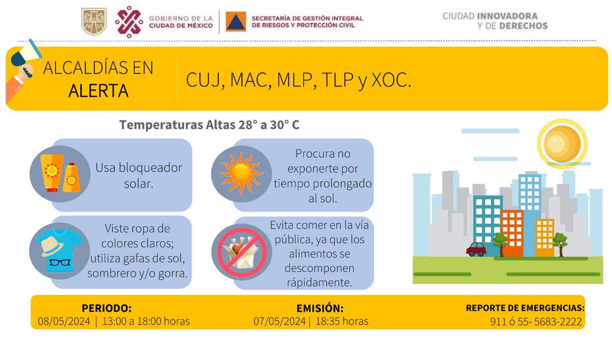 Se activa Alerta Amarilla por pronóstico de temperaturas altas para la tarde del miércoles 08/05/2024 en las demarcaciones de @AlcCuajimalpa, @ALaMagdalenaC, @GobMilpaAlta, @TlalpanAl y @XochimilcoAl. #LaPrevenciónEsNuestraFuerza