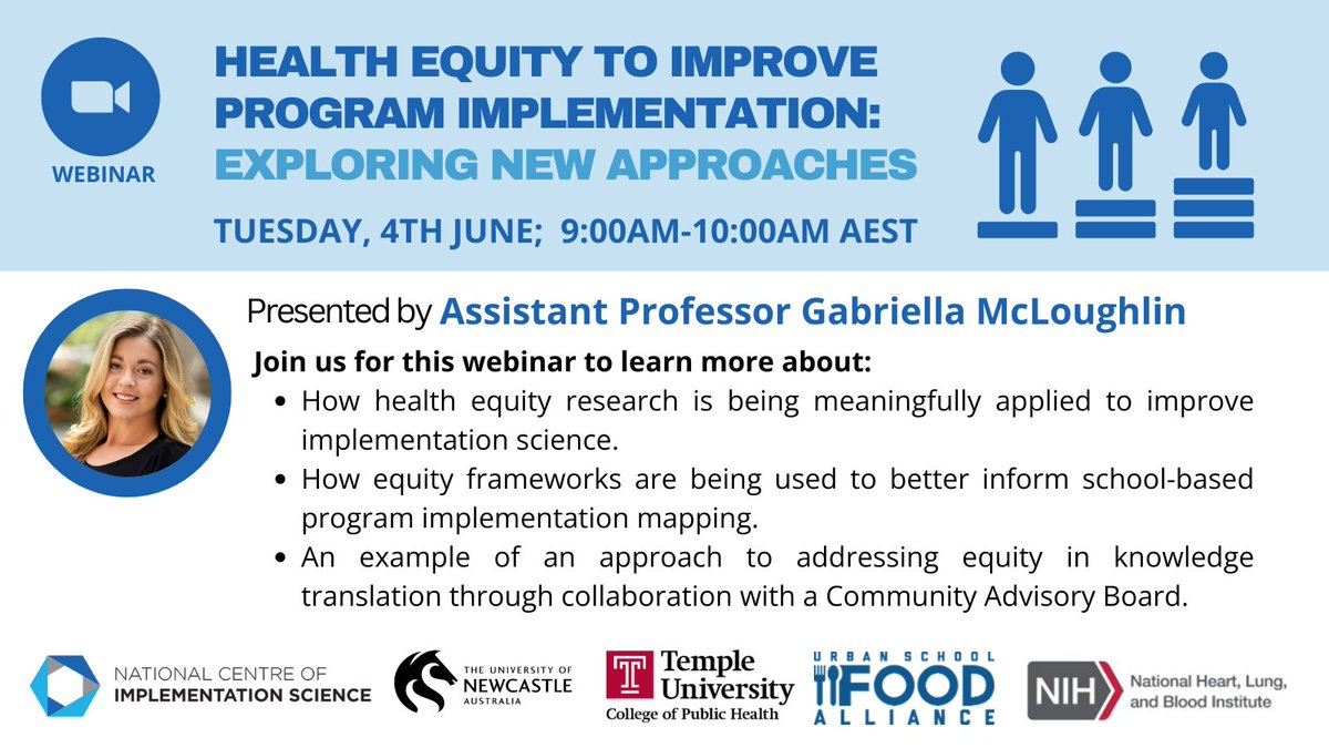 Join us for a webinar exploring how health #equity frameworks & tools can be used to improve the science of #implementation. Presented by Assistant Professor Gabriella McLoughlin (@Gabriella_Mcl) & hosted by Dr Cassandra Lane (@AcademiCat)! Register now 👉bit.ly/3yaw5im
