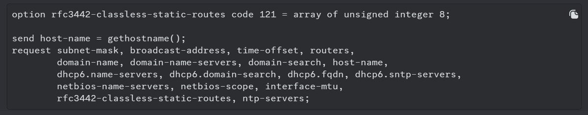 So DHCP options have always been an ugly mess. Sure RFC3442, let's let mostly unauthenticated network broadcasts install static routes into client routing tables. What could possibly go wrong? Combined with the 0.0.0.0/1 trick from Leviathan folks' recent post, using DHCP to…