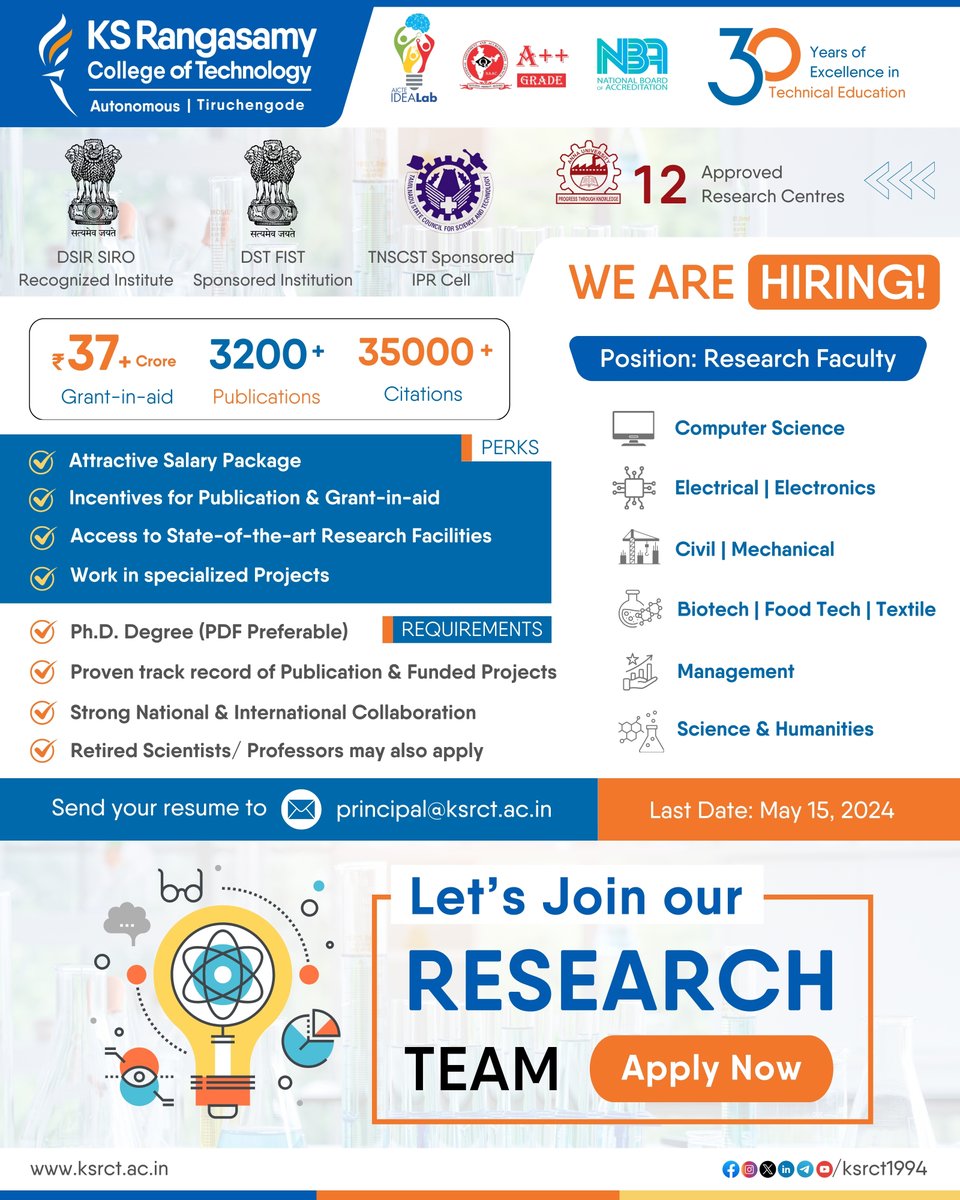 Calling passionate researchers! #ksrct1994 seeks talented faculty to join our thriving community. Known for high-impact research (3200+ publications, 35000+ citations), KSRCT fosters innovation and secures substantial funding (₹ 37+ Crore). Explore open positions and apply now !