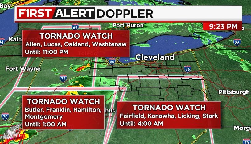 Three different Tornado Watches in Ohio right now - one until 11p, one until 1a, and the newest for our southern counties until 4a. Expect some rain & thunder into the Cleveland area after 10p. Best severe threat will be south. Stay safe!