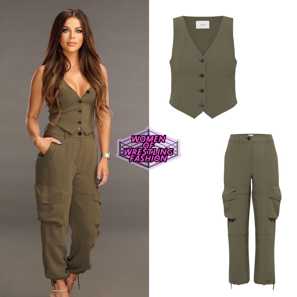 For #WWERaw, Jackie wore the Wilfred Pacino Vest ($118) & Wilfred New Project Cargo Pant ($148) in Dark Olive from Aritzia