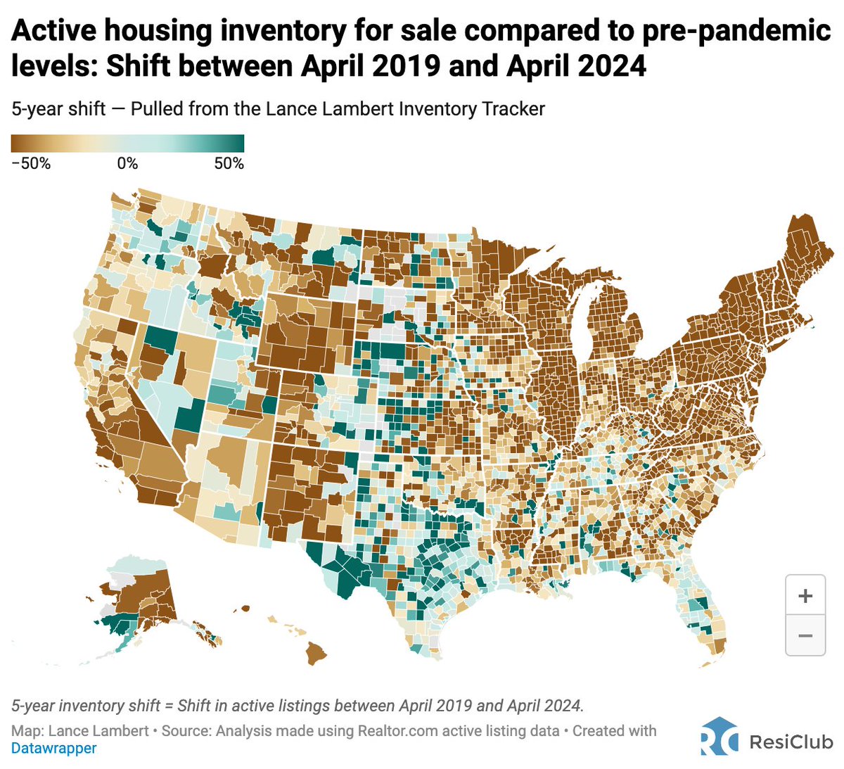 The vast majority of the country is still below pre-pandemic housing inventory levels The Midwest, Northeast, and Southern California, in particular, remain tight Pockets of the Gulf, however, not so much resiclubanalytics.com/p/deciphering-…
