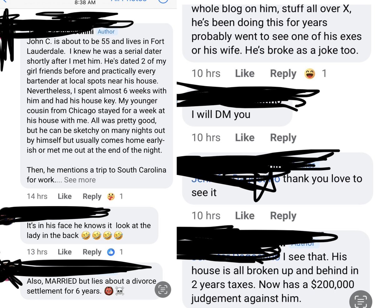🚨EXPLOSIVE: Just received screenshots from a source of a Facebook Group called 'Are we dating the same guy? FLORIDA'. Three women discuss their experience being conned by John Cardillo. These women claim that Cardillo lied to them about his marriage status to score dates with…