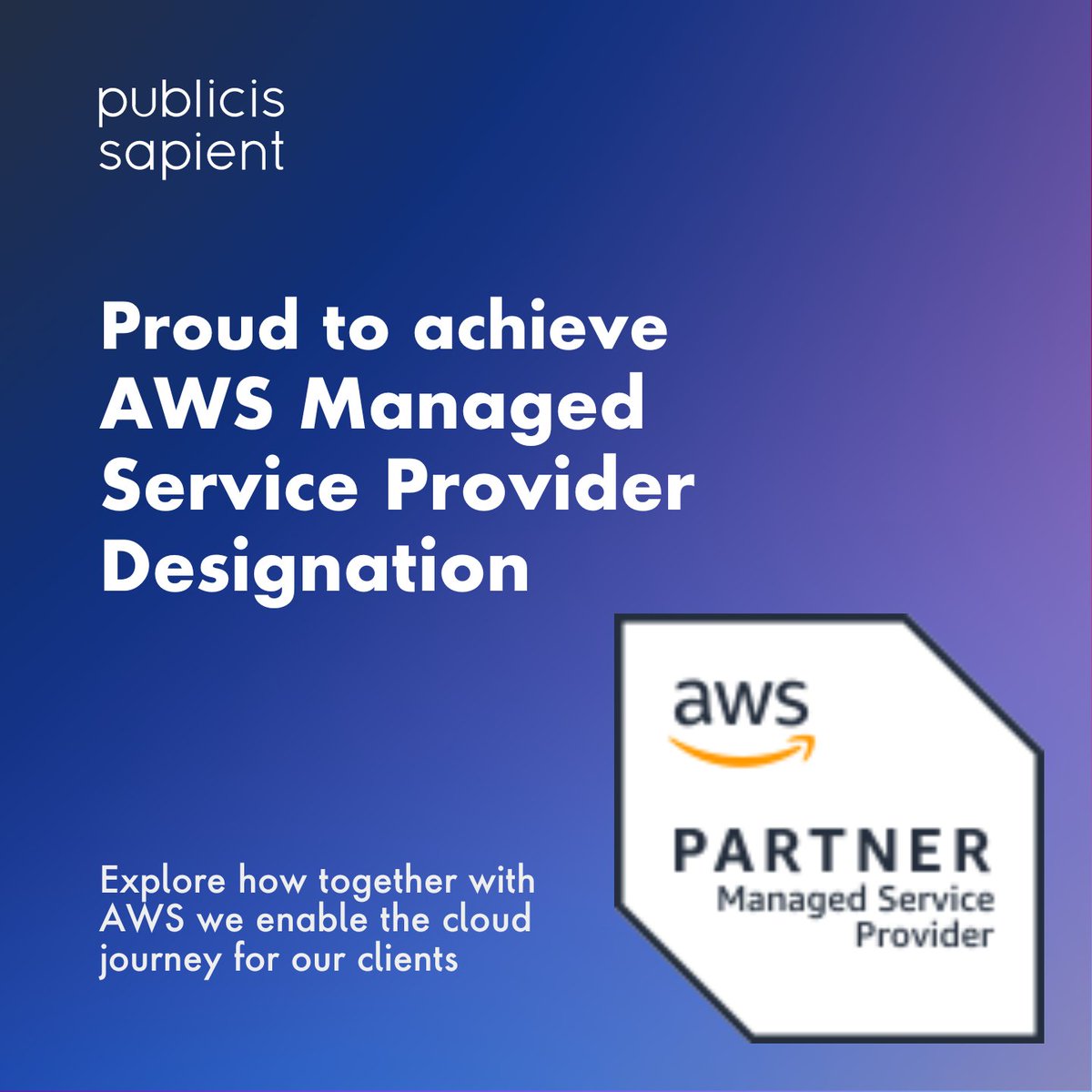 Excited to share Publicis Sapient has achieved the AWS Managed Service Provider (MSP) designation!  Learn more about our partnership with AWS and how together we help clients! 

#AWSPartner #PublicisSapient bit.ly/4a5W5Jb