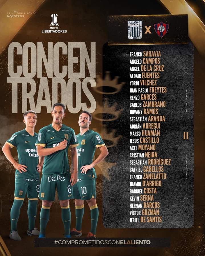 📄¡𝗖𝗢𝗡𝗖𝗘𝗡𝗧𝗥𝗔𝗗𝗢𝗦!✅

Esta es la lista de jugadores concentrados para el partido ante Club Cerro Porteño - Oficial en casa. ⚪️🔵

@ClubALoficial
@Libertadores
#ComprometidosConElALiento / #ConAlianzaSiempre / #Perú