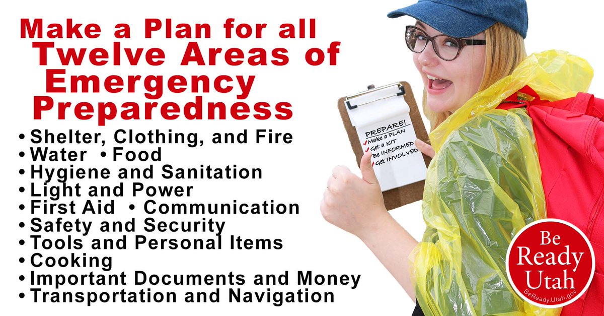 #Prepare: All Twelve Areas of Emergency Preparedness need to be planned for every emergency though they may apply differently for various situations. #MakeAPlan, #GetAKit, #BeInformed, and #GetInvolved. See this info from Be Ready Utah: ow.ly/YPwh30rZUze.