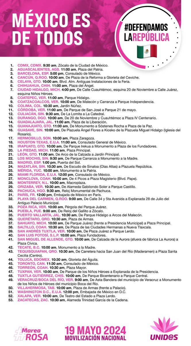 53 ciudades en todo el país se han sumado a las marchas del 19 de mayo próximo en defensa de la República. Que tu ciudad no falte.