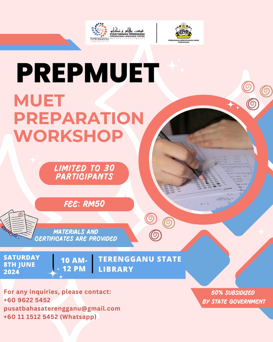 Daftar MUET dan terus daftar Program Persediaan MUET bersama kami.

#pusatbahasaterengganu
#terengganulanguagecentre
#wecatertoyourneeds
#muet2024
#terengganumajuberkatsejahtera