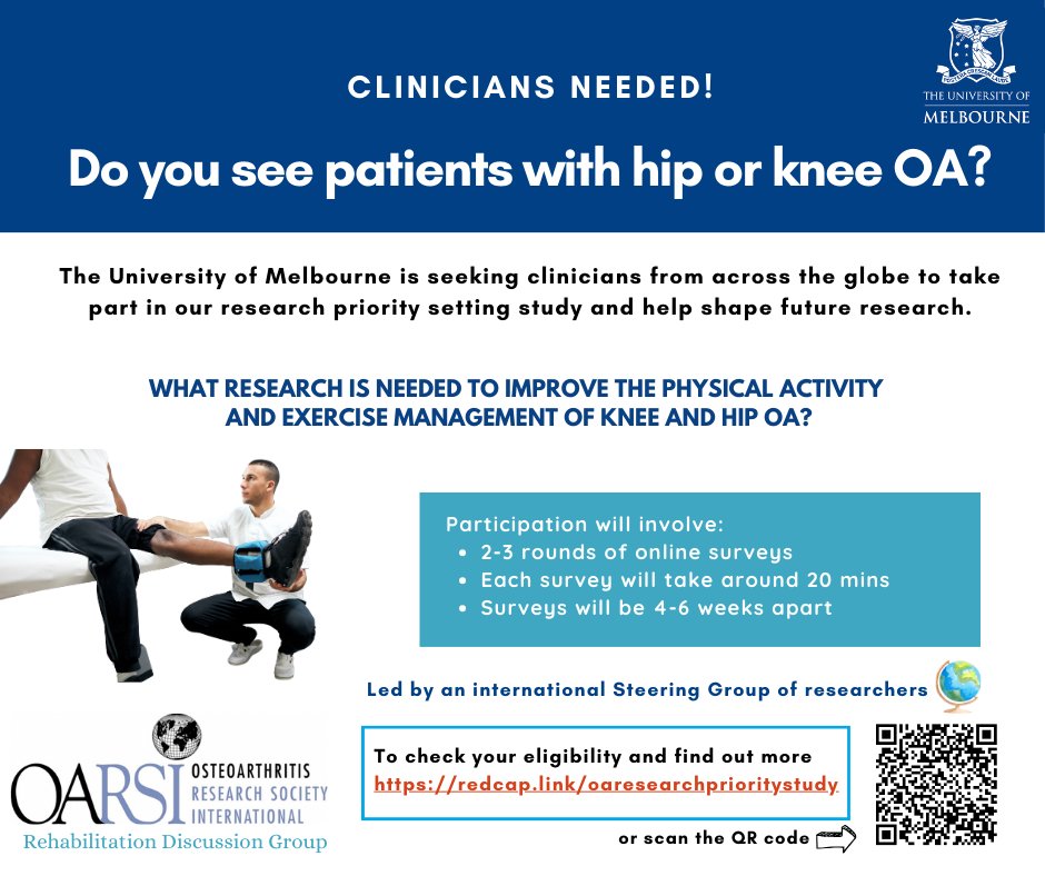 Clinicians! We want to hear from you! What unanswered questions do you feel are the most important research priorities to improve #exercise management of knee and hip #osteoarthritis? Take part and help shape future research in this area! Survey link: redcap.unimelb.edu.au/surveys/?s=ERP…