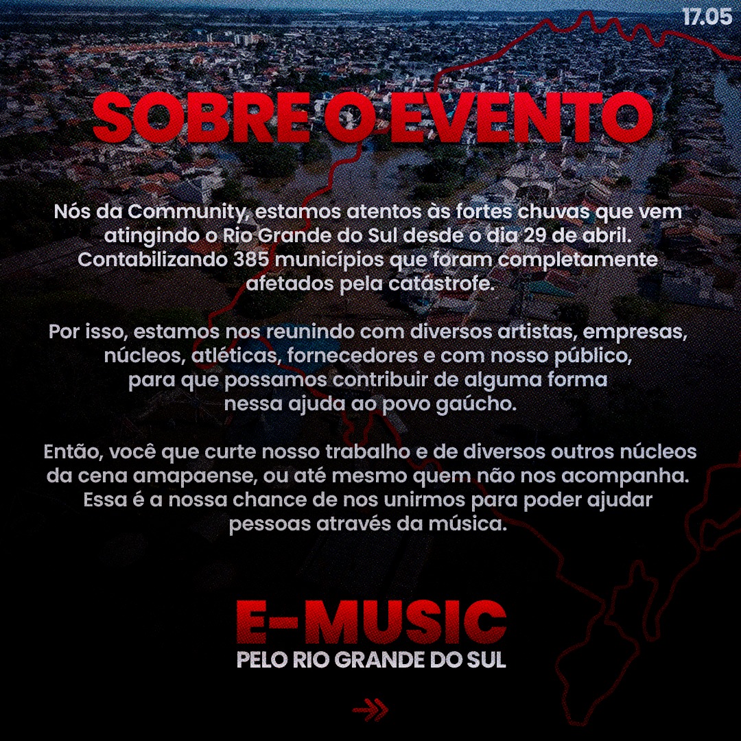 prodcommunity_'s tweet photo. 🟢 A Community e toda E-Music amapaense está unida em prol do Rio Grande do Sul!

Por isso, nós e outros núcleos, empresas e voluntários de Macapá, trabalharemos juntos para que possamos ajudar o estado gaúcho. Que tem enfrentado fortes chuvas nas últimas semanas. https://t.co/CHxfM3pdfZ
