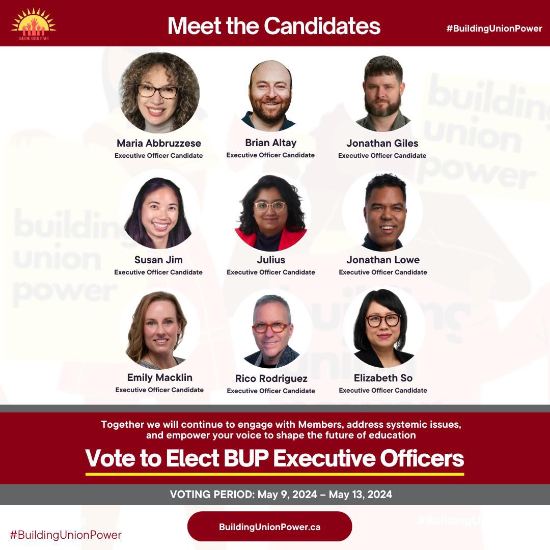 📢📢📢 I am honored to seek re-election as an Executive Officer at the @ElemTeachersTO local. I'm running with our amazing Building Union Power slate: ⭐️Maria Abbruzzese ⭐️Brian Altay ⭐️Jonathan Giles ⭐️Jonathan Lowe ⭐️Susan Jim ⭐️Emily Macklin ⭐️Rico Rodriguez ⭐️Elizabeth So