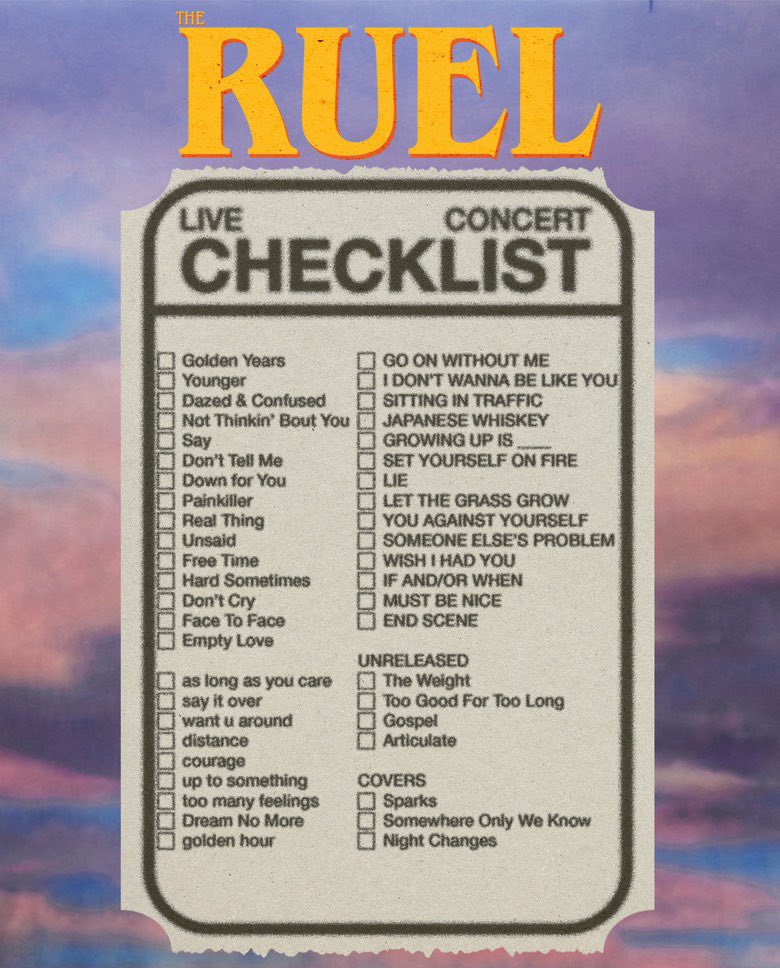 pov: ruel jumps into the middle of the crowd for the encore and YOU get to choose setlist. you can pick THREE songs… what are they? 🤭 concert checklist by the amazing @lvxarchive ✨ tick the boxes of the songs you’ve seen live and tag us!