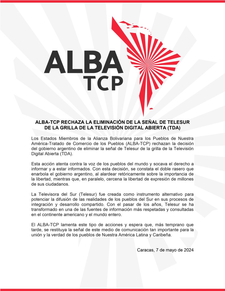 Ante la eliminación de la señal de @teleSURtv de la grilla en la televisión digital abierta (TDA) de #Argentina 🇦🇷 se han generado varias reacciones en solidaridad con el medio de comunicación, es el caso del comunicado oficial del ALBA-TCP que rechaza la medida dictada por el…
