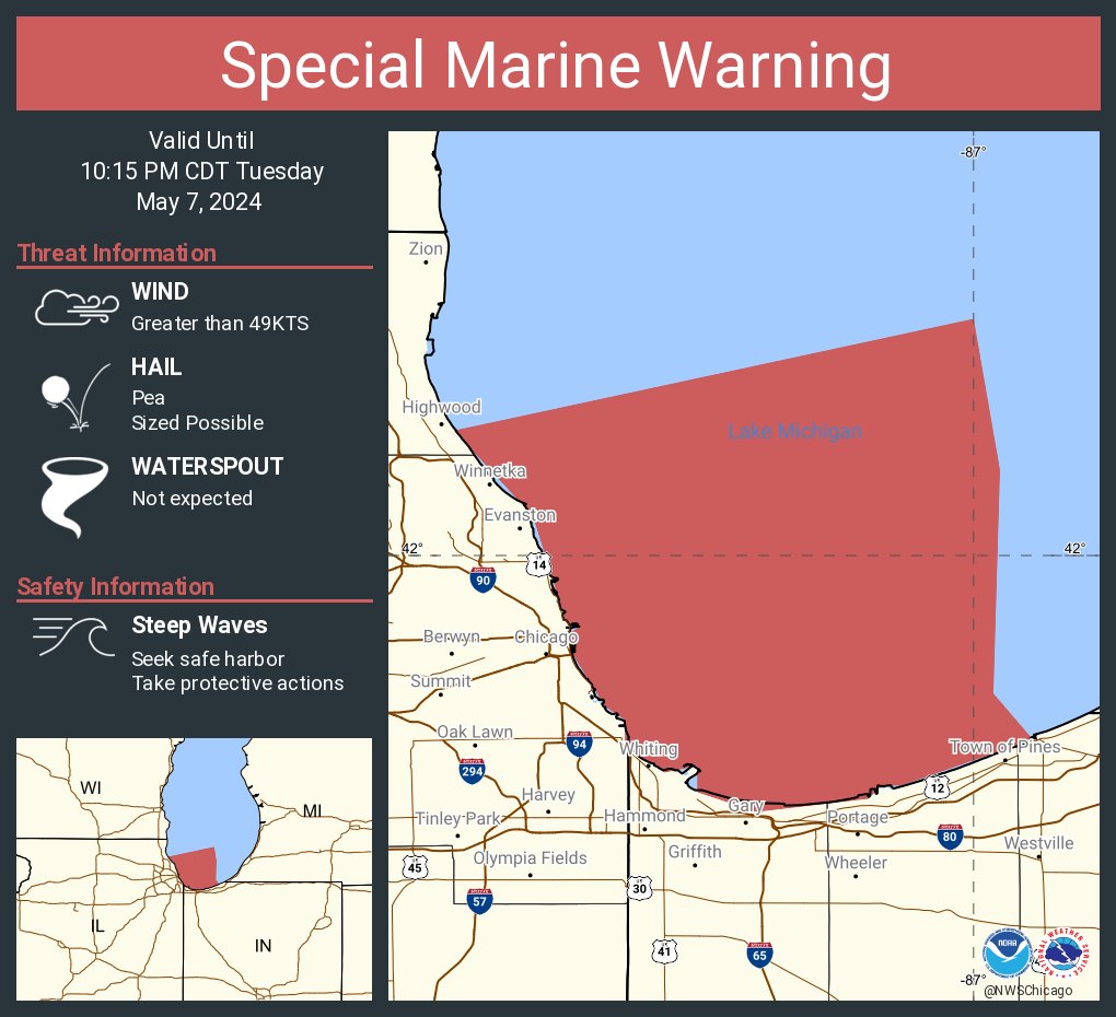 Special Marine Warning including the Lake Michigan from Winthrop Harbor to Wilmette Harbor IL 5NM offshore to Mid Lake, Lake Michigan from Wilmette Harbor to Michigan City in 5NM offshore to Mid Lake and Winthrop Harbor to Wilmette Harbor IL until 10:15 PM CDT