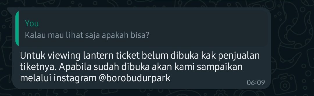 ⚠️ SEKILAS INFO TIKET NONTON LAMPION WAISAK 2024

Dapat bocoran nih buat kamu yg mau nonton lampion saja, bisa beli tiketnya on the spot
Utk harga nnati diinfokan ulang ya

Ditunggu info selanjutnya 🤗