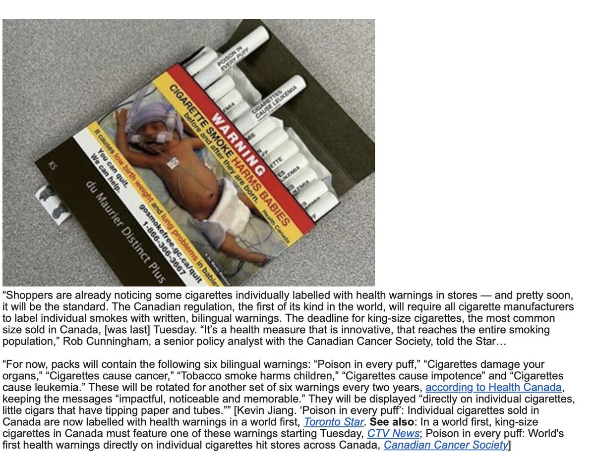 Canada introduces cigarette stick warnings: an innovative strategy to amplify the harm caused by #BigTobacco @amapresident @AMA_WAPresident @DoctorKarl @Gary_Adshead @MelissaSweetDr @JohnSafran @tobaccofreeaust