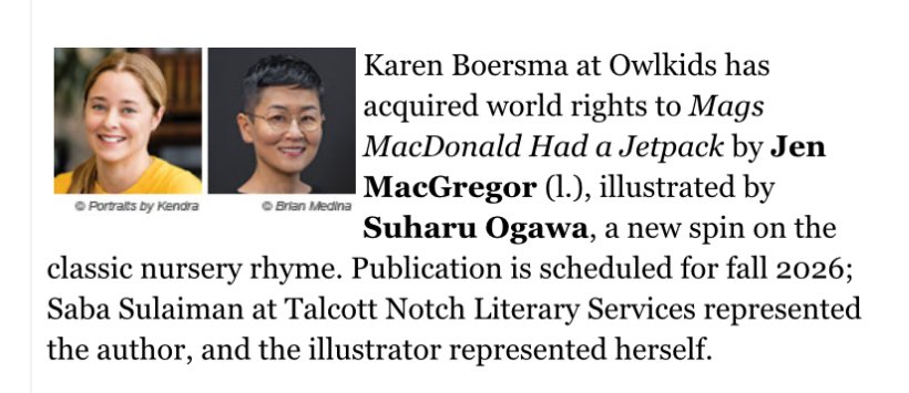 Jen MacGregor 🇨🇦 (@jen_macgregor) on Twitter photo So excited to share my first deal announcement!
#kidlit <a href="/owlkids/">Owlkids Publishing</a> <a href="/SuharuOgawa/">Suharu Ogawa</a> <a href="/agentsaba/">Saba Sulaiman</a> So excited to share my first deal announcement!
#kidlit <a href="/owlkids/">Owlkids Publishing</a> <a href="/SuharuOgawa/">Suharu Ogawa</a> <a href="/agentsaba/">Saba Sulaiman</a>