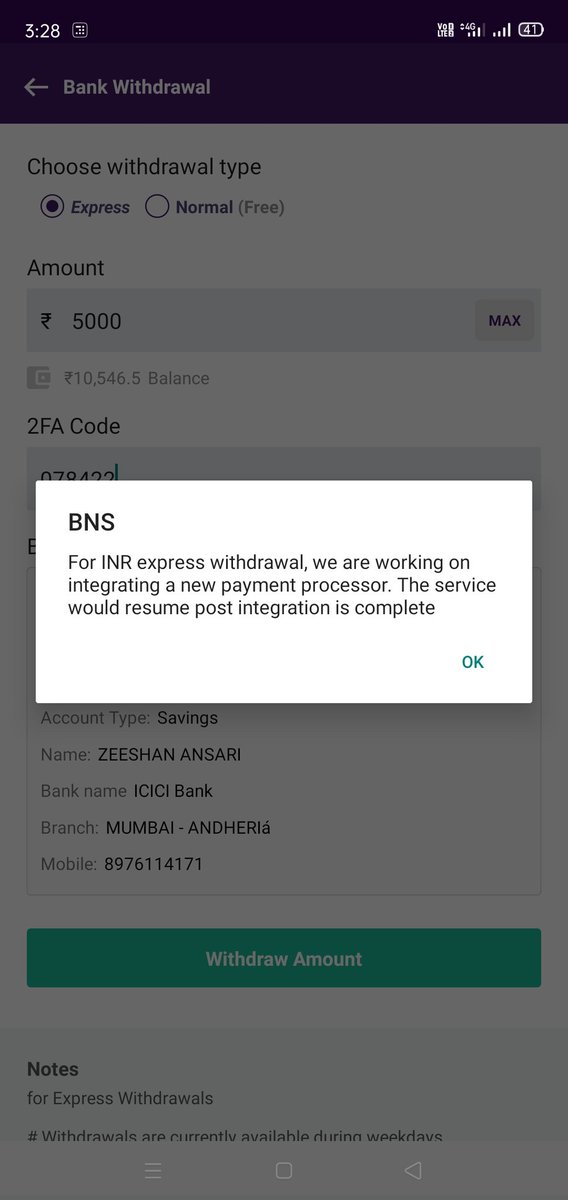 iamThebigZee's tweet photo. @bitbns Please update when will be integration complete. I am getting this when placing express withdrawal. https://t.co/xfaKryZQIs