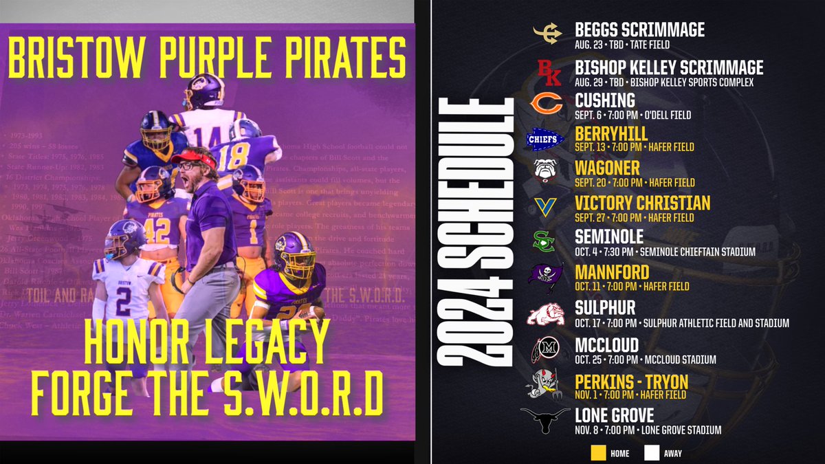 The Official Updated Bristow Purple Pirates 2024 Varsity Football Schedule 🏴‍☠️ 

#ForgetheSWORD #ToilandRaid