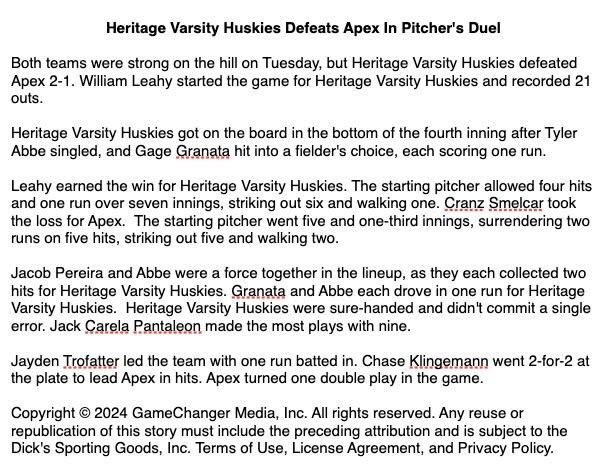ncscarletknight's tweet photo. Heritage Varsity Huskies Defeats Apex In Pitcher's Duel

@HHSHuskiesbb https://t.co/jiifOIPtYR
